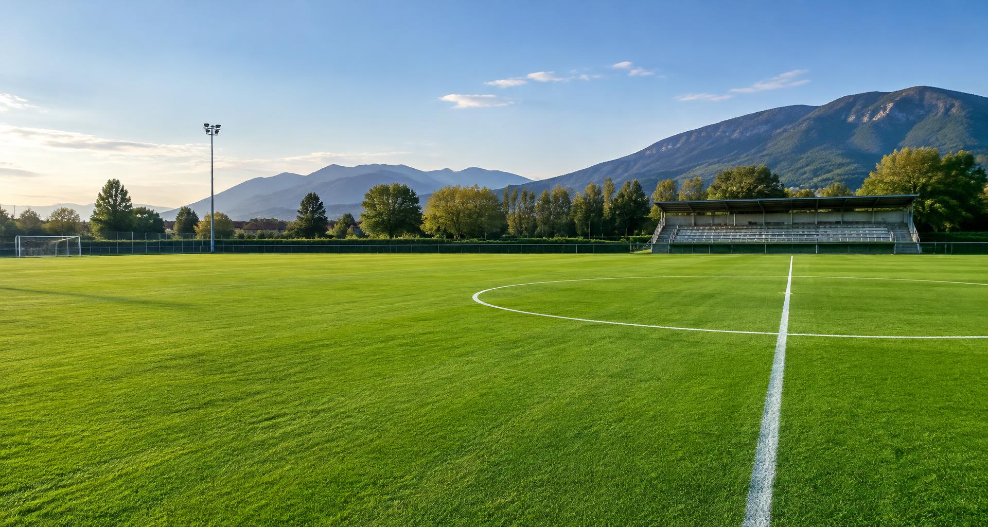 Campo da calcio con tribuna e montagne del Triveneto, immagine illustrativa