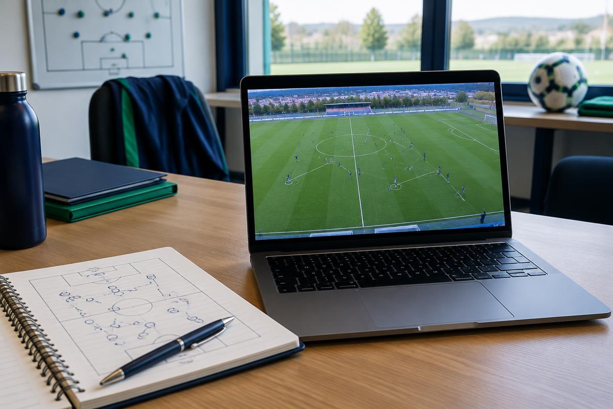Laptop con analisi tattica di una partita, immagine illustrativa